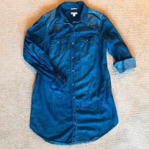 Denim Button Front Dress with Convertible Sleeves